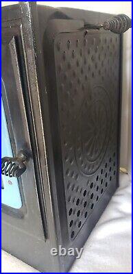 VTG NEW PERFECTION STOVE TOP WARMING OVEN STAMPED BLACK METAL withBlue Enamel