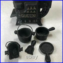 Vintage Queen Cast Iron Wood Burning Stove withPans Toy Miniature Lot