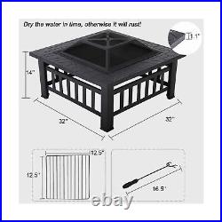 Vnewone 32'' Outdoor Fire Pit Metal Square Firepit Patio Stove Wood Burning f