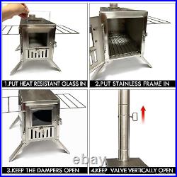 Wood Burning Stove, Portable Camping Stove with Chimney Pipes, Front Window Wood Burning Stove, Portable Camping Stove with Chimney Pipes, Front Window