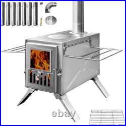 Wood Burning Stove, Portable Camping Stove with Chimney Pipes, Front Window, Side R