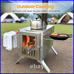 Wood Burning Stove, Portable Camping Stove with Chimney Pipes, Front Window, Side R